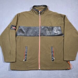 Vintage FUBU Fleece Jacket Men XL Olive Green Full Zip Leather Trim 90s Y2K Rare